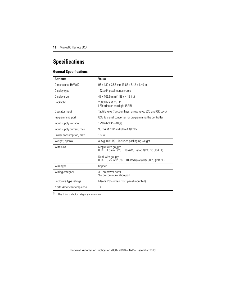 Specifications | Rockwell Automation 2080-REMLCD Micro800 Remote LCD Installation Instructions User Manual | Page 18 / 24