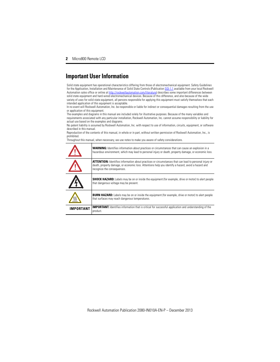 Important user information | Rockwell Automation 2080-REMLCD Micro800 Remote LCD Installation Instructions User Manual | Page 2 / 24