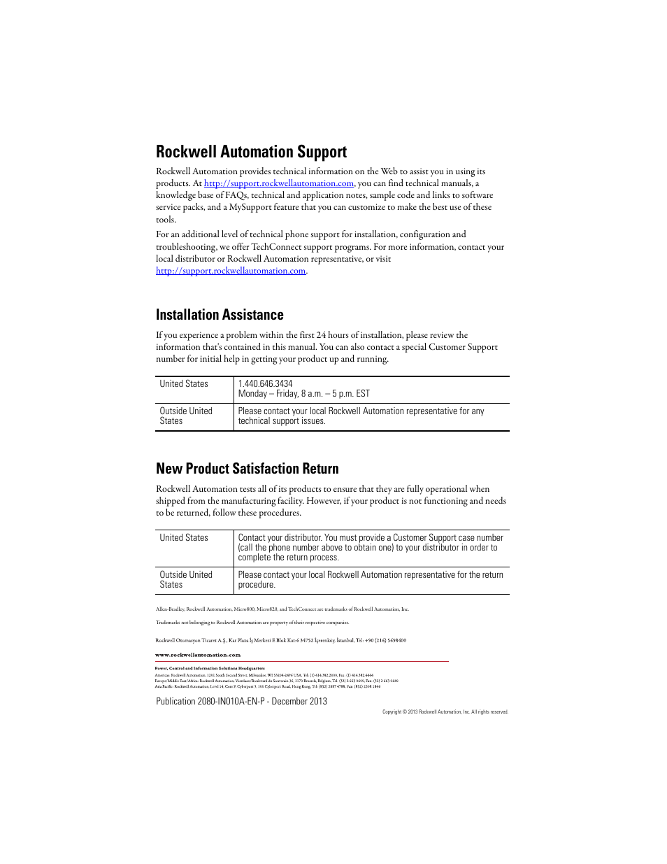 Back cover, Rockwell automation support, Installation assistance | New product satisfaction return | Rockwell Automation 2080-REMLCD Micro800 Remote LCD Installation Instructions User Manual | Page 24 / 24