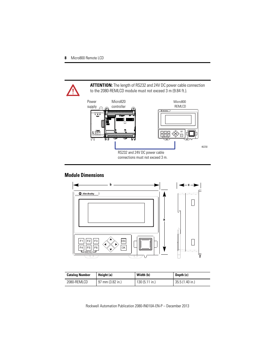 Module dimensions, Power supply | Rockwell Automation 2080-REMLCD Micro800 Remote LCD Installation Instructions User Manual | Page 8 / 24