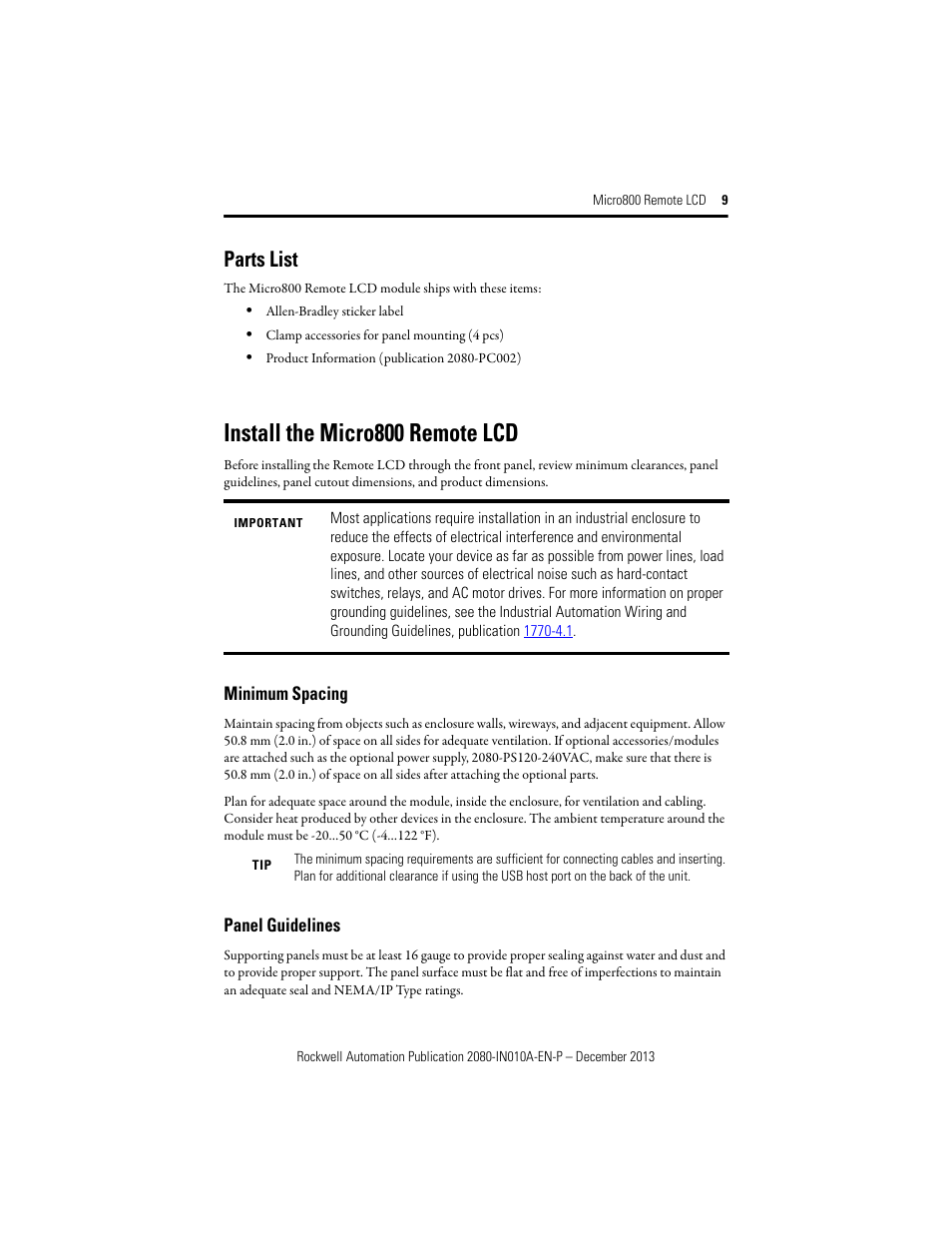 Parts list, Install the micro800 remote lcd | Rockwell Automation 2080-REMLCD Micro800 Remote LCD Installation Instructions User Manual | Page 9 / 24
