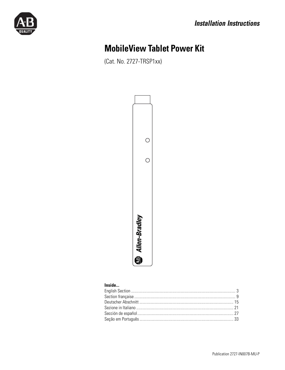 Rockwell Automation 2727-TRSP1xx MobileView Tablet Power Kit Installation Instructions User Manual | 40 pages
