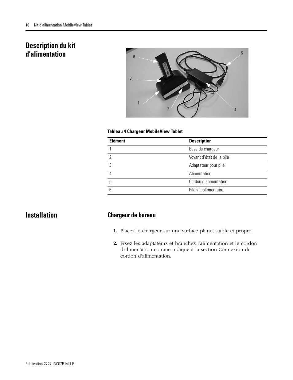Description du kit d’alimentation, Installation, Description du kit d’alimentation installation | Chargeur de bureau | Rockwell Automation 2727-TRSP1xx MobileView Tablet Power Kit Installation Instructions User Manual | Page 10 / 40
