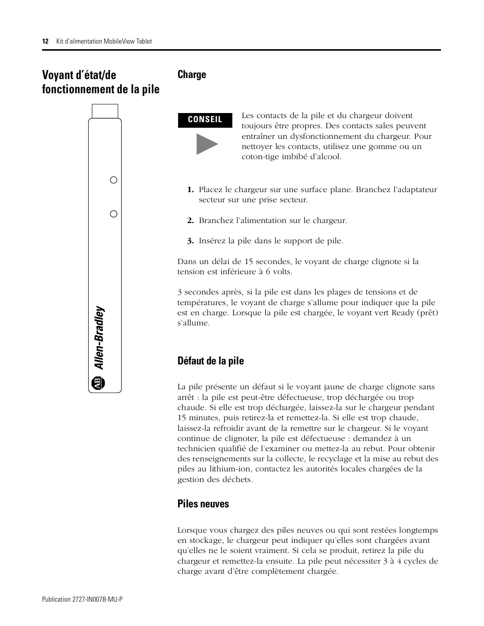 Voyant d’état/de fonctionnement de la pile, Charge, Défaut de la pile | Piles neuves | Rockwell Automation 2727-TRSP1xx MobileView Tablet Power Kit Installation Instructions User Manual | Page 12 / 40