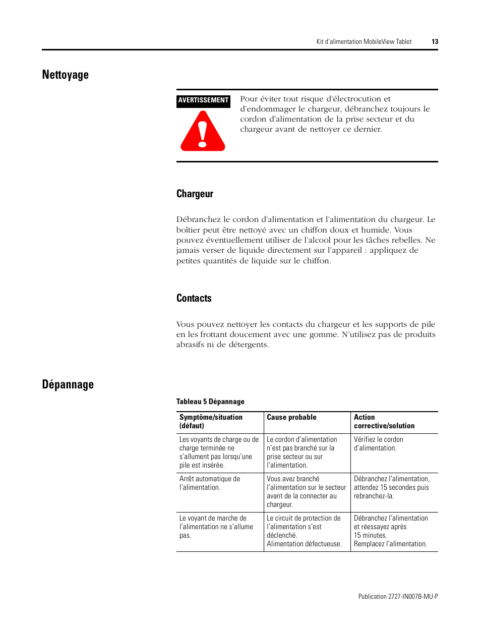 Nettoyage, Dépannage | Rockwell Automation 2727-TRSP1xx MobileView Tablet Power Kit Installation Instructions User Manual | Page 13 / 40