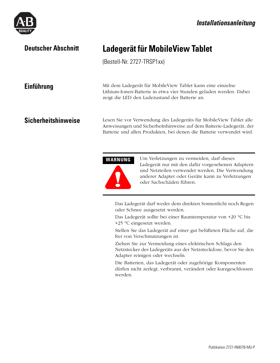 Deutscher abschnitt, Einführung, Sicherheitshinweise | Ladegerät für mobileview tablet | Rockwell Automation 2727-TRSP1xx MobileView Tablet Power Kit Installation Instructions User Manual | Page 15 / 40