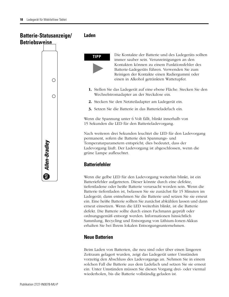 Batterie-statusanzeige/ betriebsweise, Laden, Batteriefehler | Neue batterien | Rockwell Automation 2727-TRSP1xx MobileView Tablet Power Kit Installation Instructions User Manual | Page 18 / 40