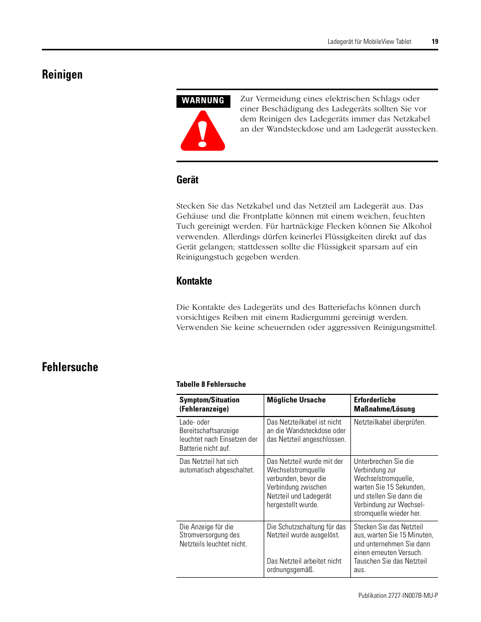 Reinigen, Fehlersuche | Rockwell Automation 2727-TRSP1xx MobileView Tablet Power Kit Installation Instructions User Manual | Page 19 / 40