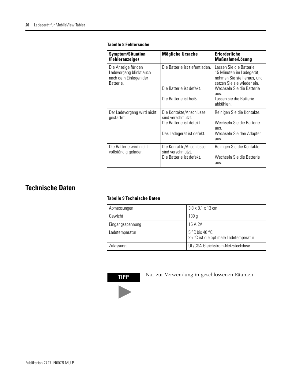 Technische daten | Rockwell Automation 2727-TRSP1xx MobileView Tablet Power Kit Installation Instructions User Manual | Page 20 / 40