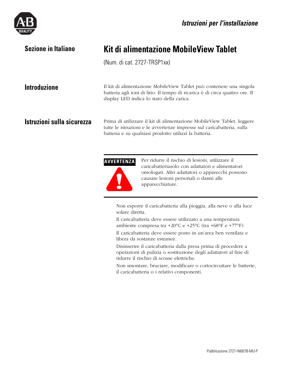 Sezione in italiano, Introduzione, Istruzioni sulla sicurezza | Kit di alimentazione mobileview tablet | Rockwell Automation 2727-TRSP1xx MobileView Tablet Power Kit Installation Instructions User Manual | Page 21 / 40