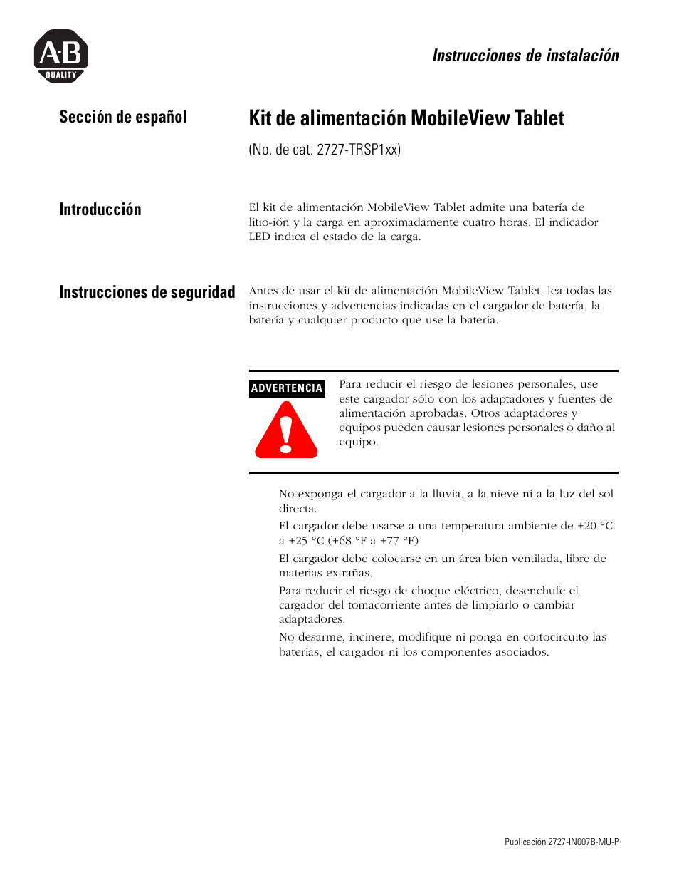 Sección de español, Introducción, Instrucciones de seguridad | Kit de alimentación mobileview tablet | Rockwell Automation 2727-TRSP1xx MobileView Tablet Power Kit Installation Instructions User Manual | Page 27 / 40