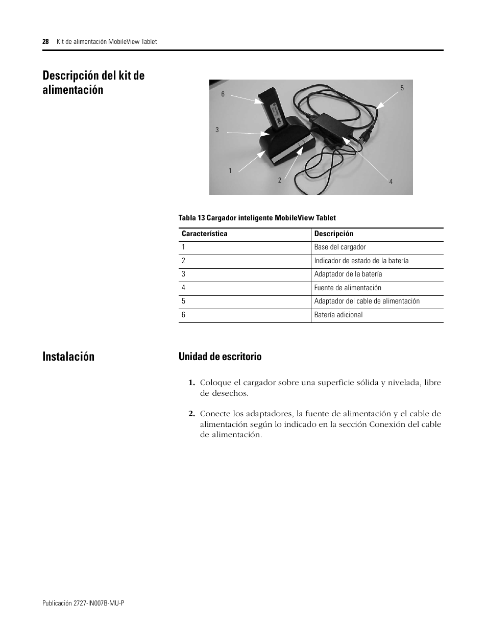 Descripción del kit de alimentación, Instalación, Descripción del kit de alimentación instalación | Unidad de escritorio | Rockwell Automation 2727-TRSP1xx MobileView Tablet Power Kit Installation Instructions User Manual | Page 28 / 40