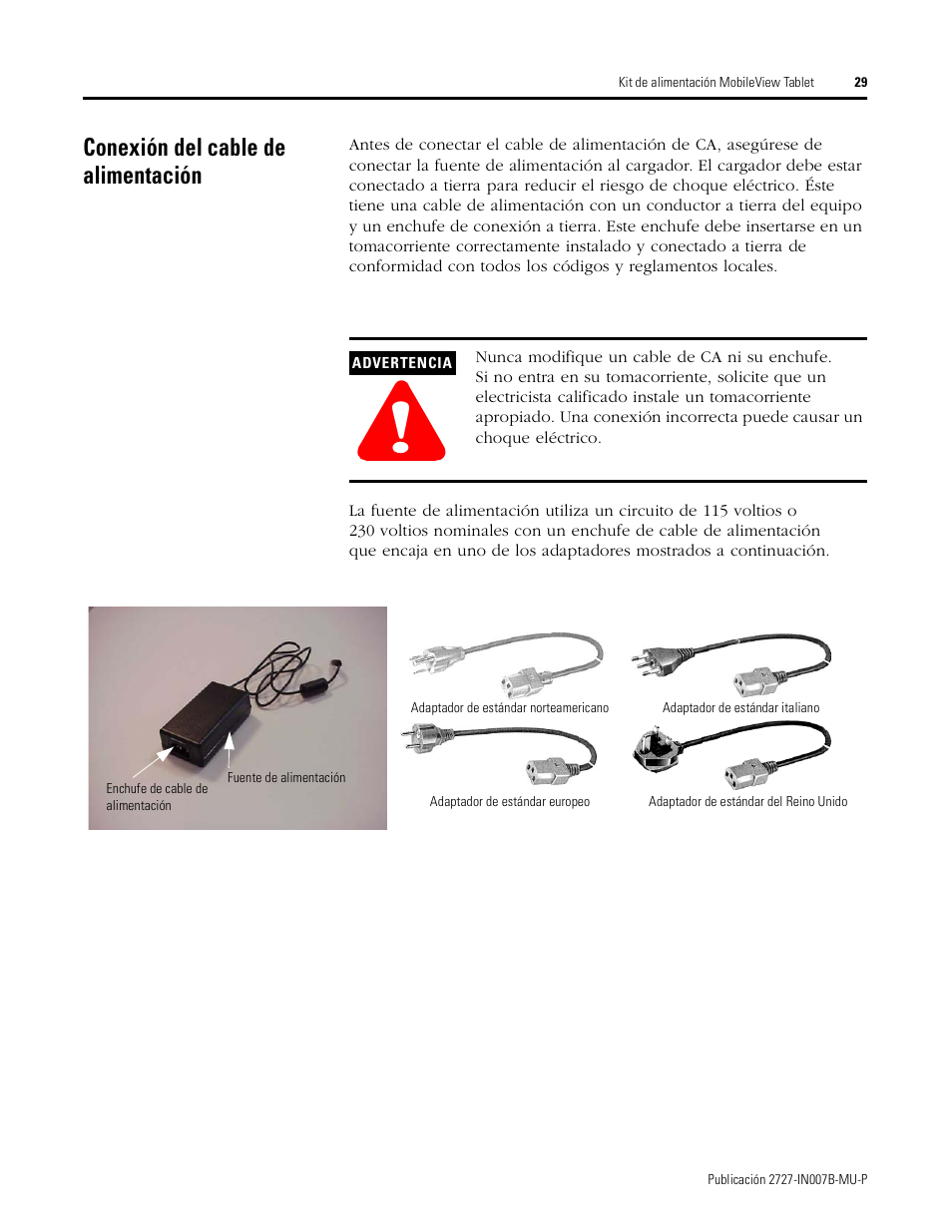 Conexión del cable de alimentación | Rockwell Automation 2727-TRSP1xx MobileView Tablet Power Kit Installation Instructions User Manual | Page 29 / 40