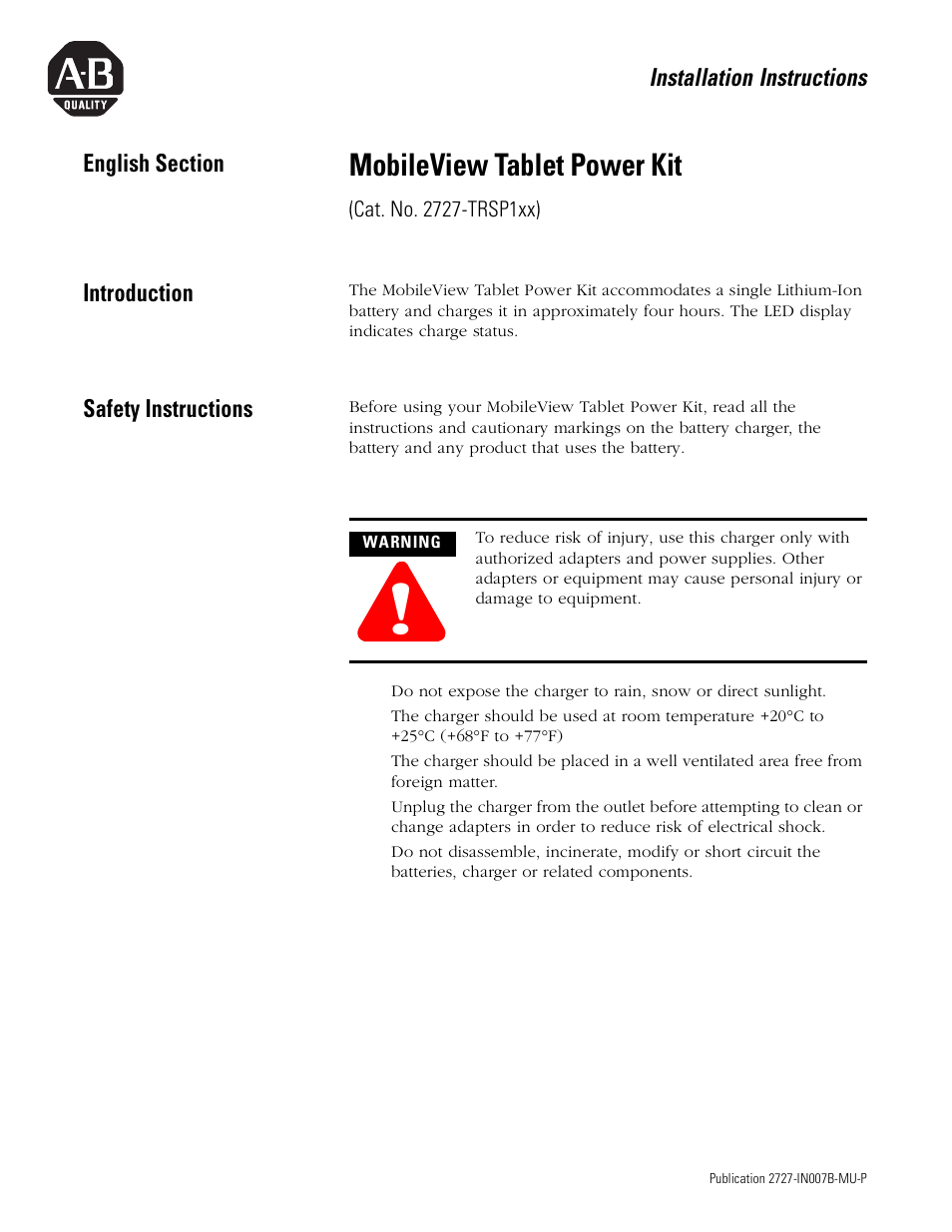 English section, Introduction, Safety instructions | Mobileview tablet power kit | Rockwell Automation 2727-TRSP1xx MobileView Tablet Power Kit Installation Instructions User Manual | Page 3 / 40
