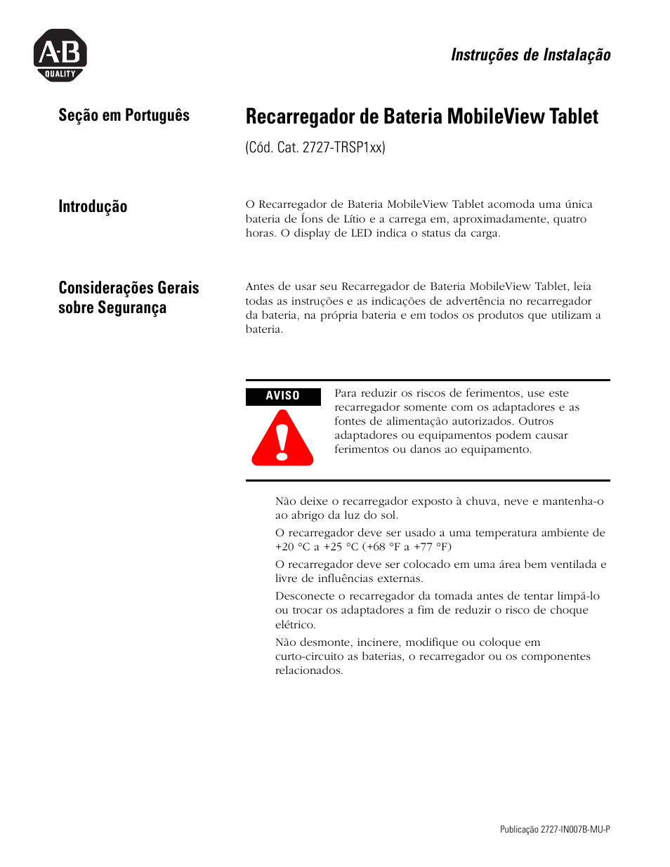 Seção em português, Introdução, Considerações gerais sobre segurança | Recarregador de bateria mobileview tablet | Rockwell Automation 2727-TRSP1xx MobileView Tablet Power Kit Installation Instructions User Manual | Page 33 / 40
