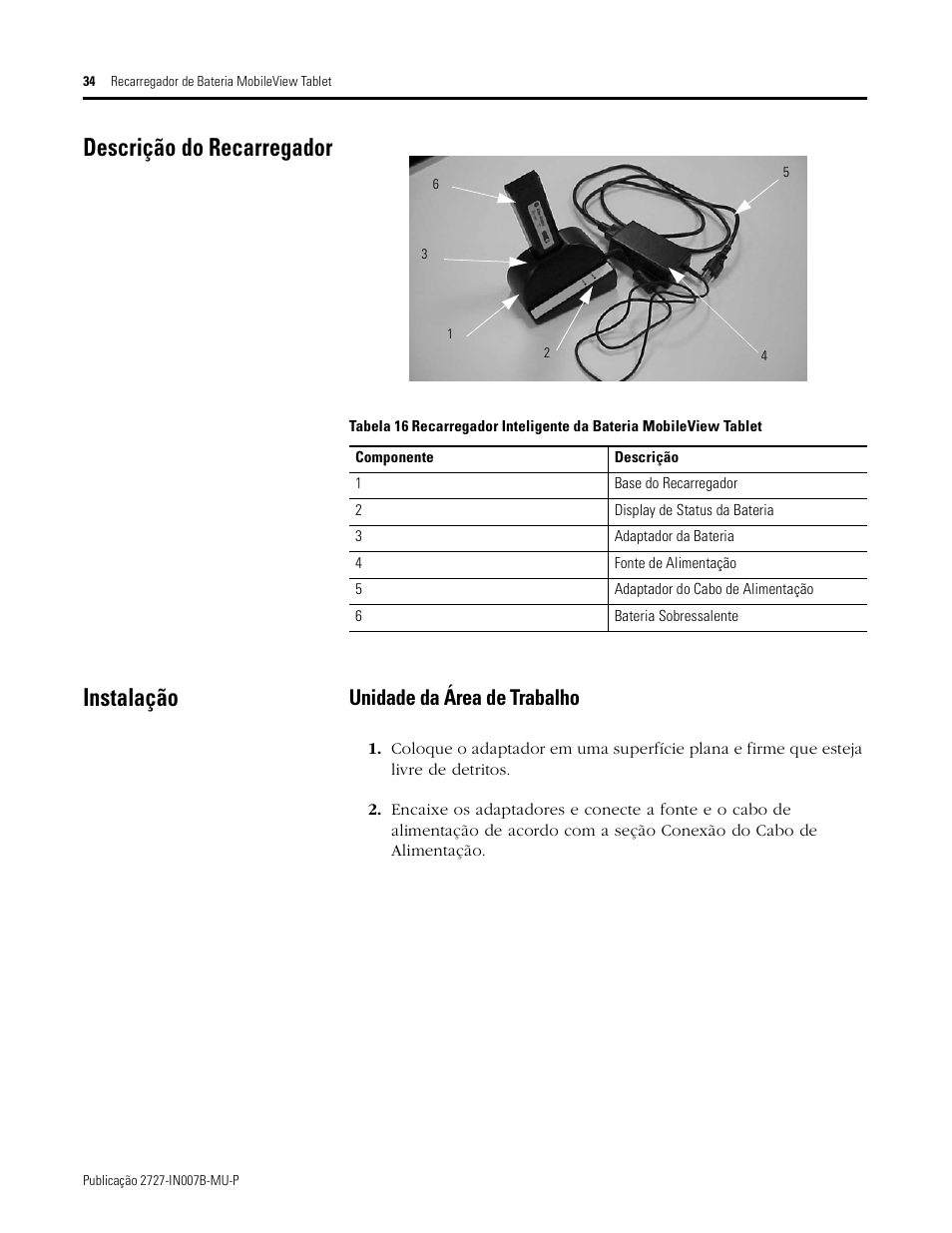 Descrição do recarregador, Instalação, Descrição do recarregador instalação | Unidade da área de trabalho | Rockwell Automation 2727-TRSP1xx MobileView Tablet Power Kit Installation Instructions User Manual | Page 34 / 40