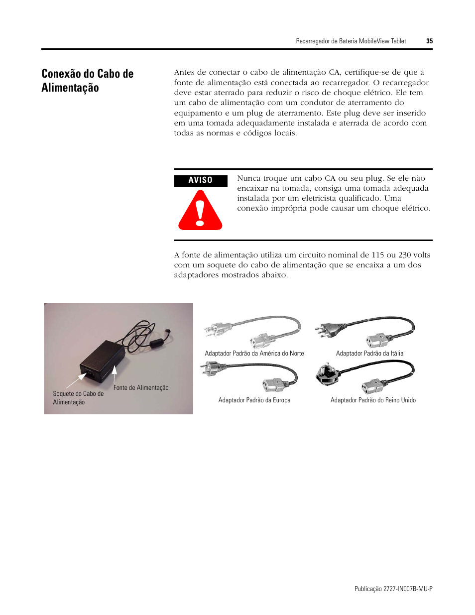 Conexão do cabo de alimentação | Rockwell Automation 2727-TRSP1xx MobileView Tablet Power Kit Installation Instructions User Manual | Page 35 / 40