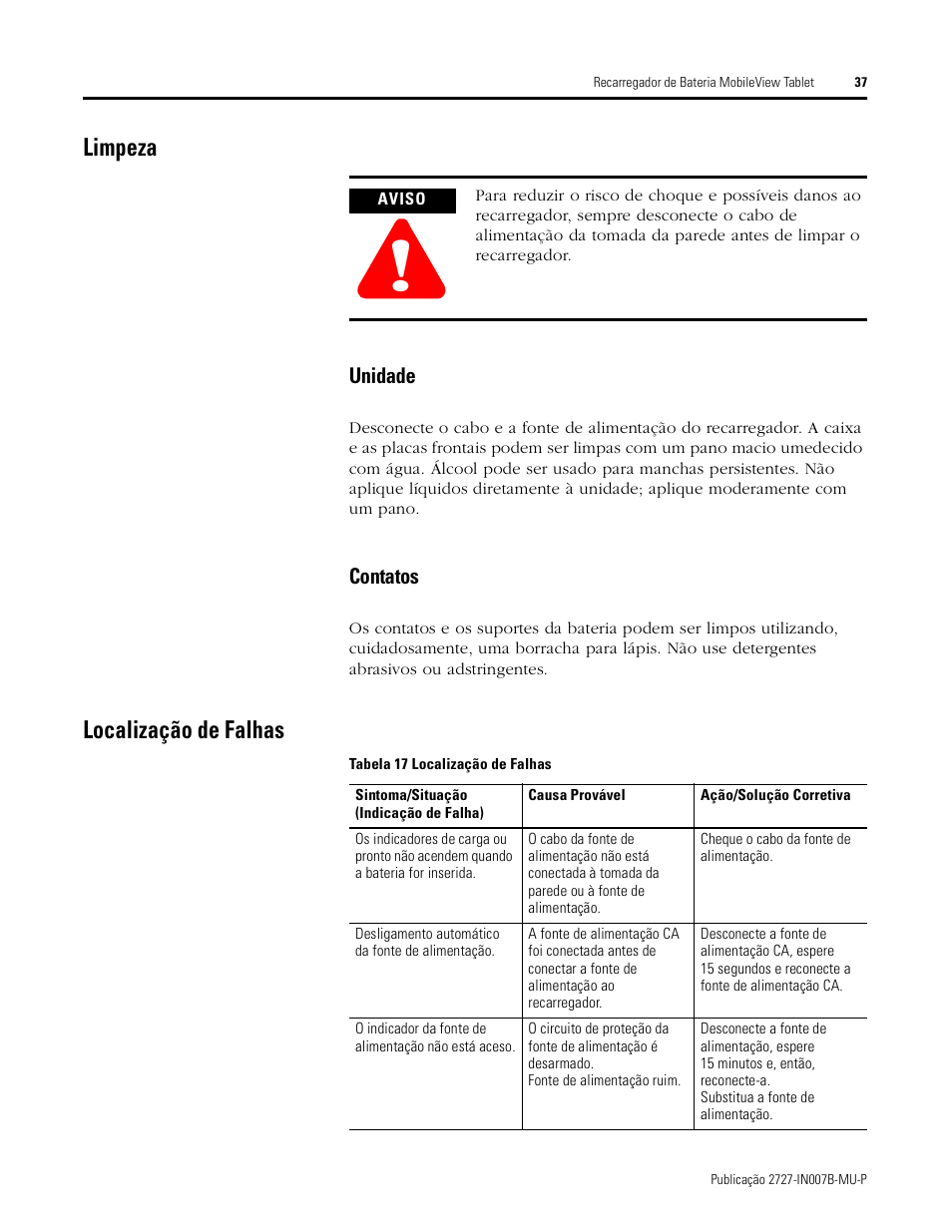 Limpeza, Localização de falhas | Rockwell Automation 2727-TRSP1xx MobileView Tablet Power Kit Installation Instructions User Manual | Page 37 / 40