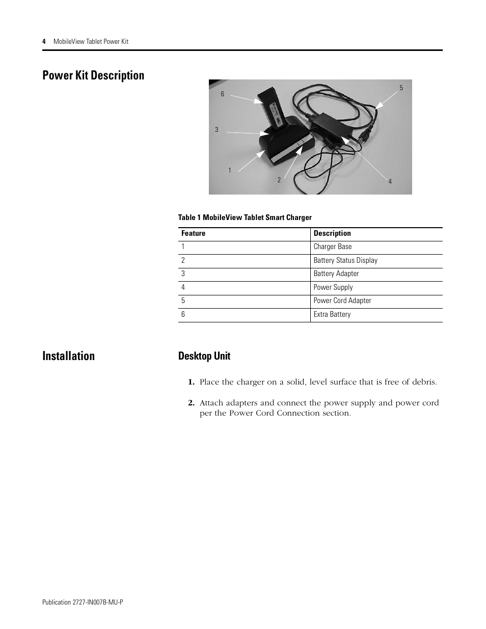 Power kit description, Installation, Power kit description installation | Desktop unit | Rockwell Automation 2727-TRSP1xx MobileView Tablet Power Kit Installation Instructions User Manual | Page 4 / 40