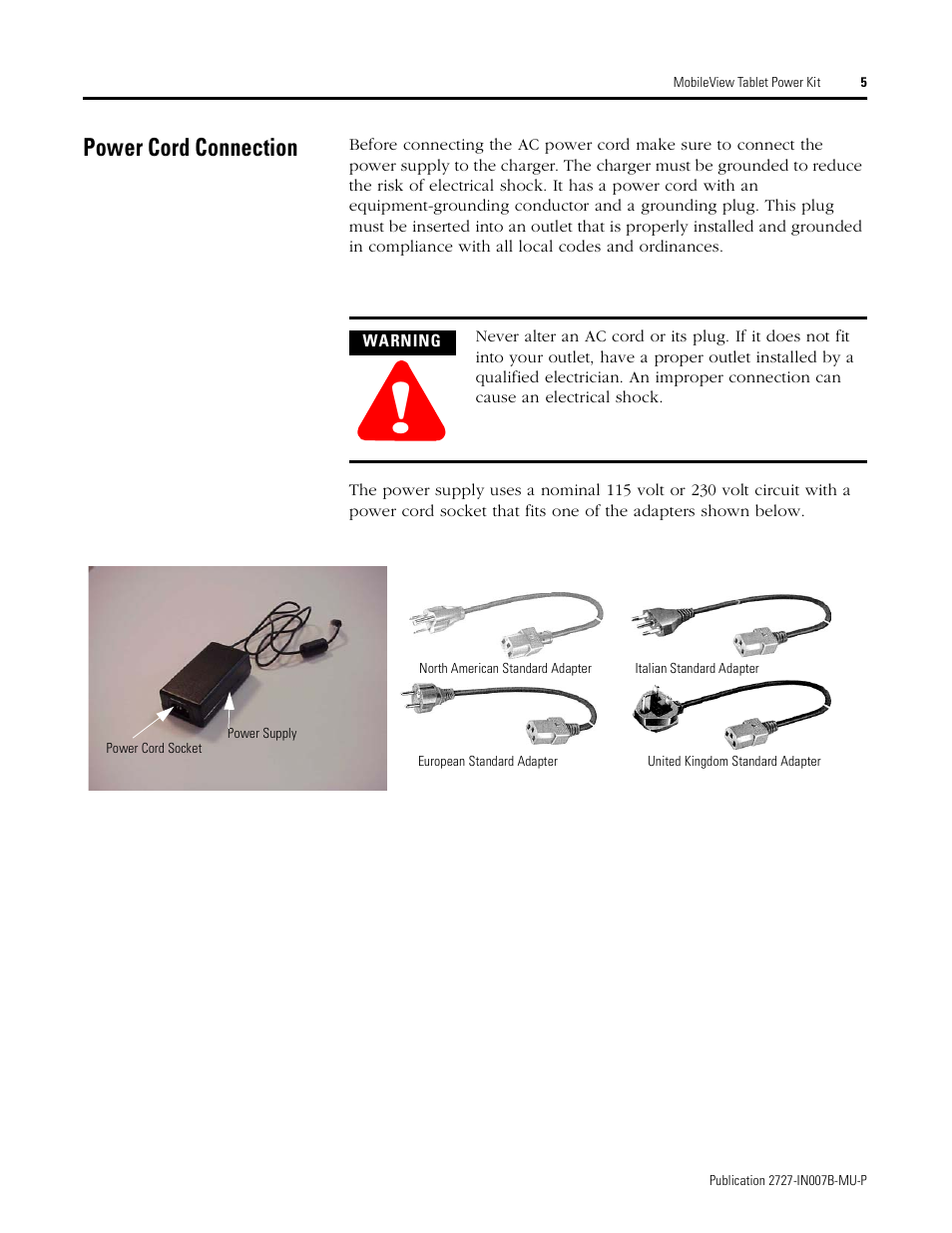 Power cord connection | Rockwell Automation 2727-TRSP1xx MobileView Tablet Power Kit Installation Instructions User Manual | Page 5 / 40