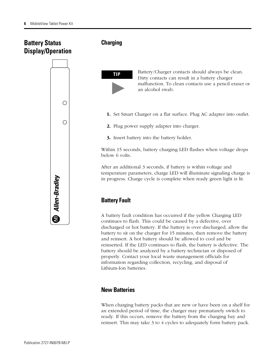 Battery status display/operation, Charging, Battery fault | New batteries | Rockwell Automation 2727-TRSP1xx MobileView Tablet Power Kit Installation Instructions User Manual | Page 6 / 40