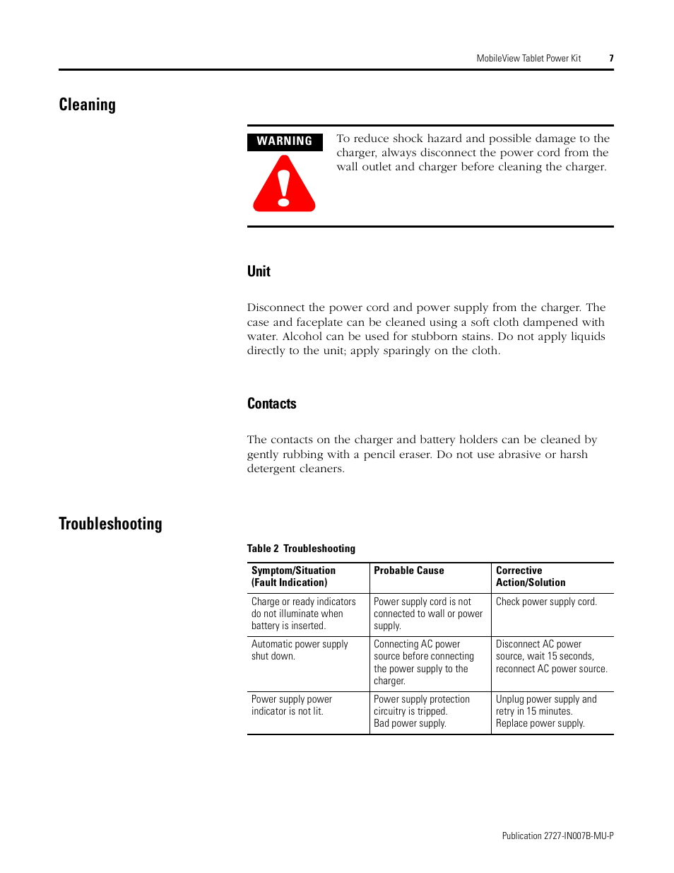 Cleaning, Troubleshooting | Rockwell Automation 2727-TRSP1xx MobileView Tablet Power Kit Installation Instructions User Manual | Page 7 / 40