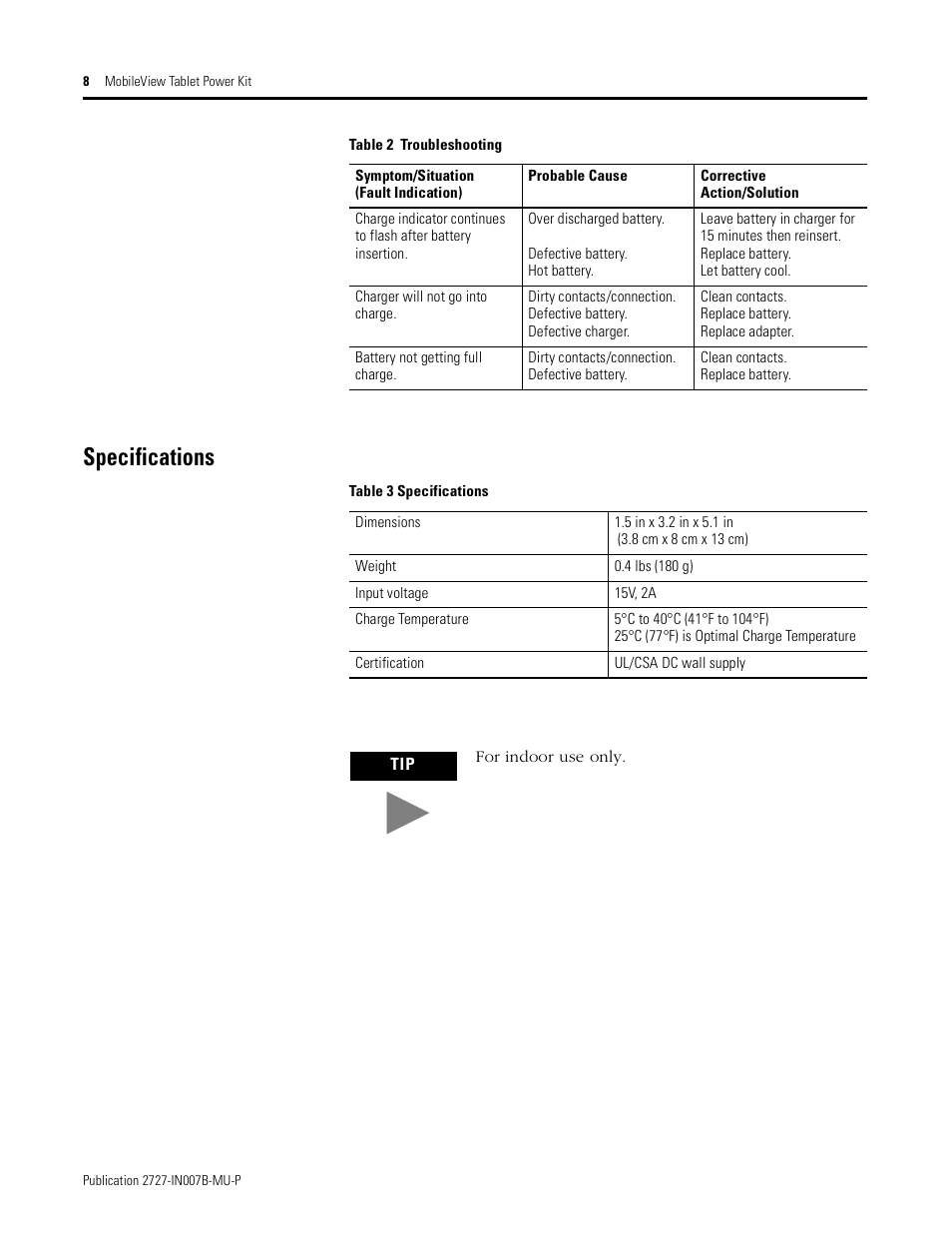 Specifications | Rockwell Automation 2727-TRSP1xx MobileView Tablet Power Kit Installation Instructions User Manual | Page 8 / 40