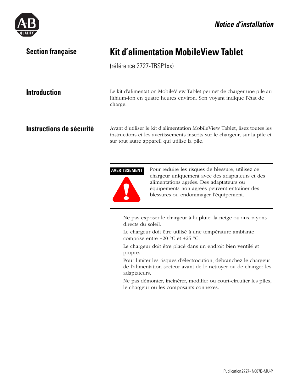 Section française, Introduction, Instructions de sécurité | Kit d’alimentation mobileview tablet | Rockwell Automation 2727-TRSP1xx MobileView Tablet Power Kit Installation Instructions User Manual | Page 9 / 40