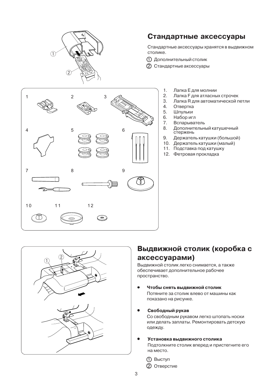 Стандартные аксессуары, Выдвижной столик (коробка с аксессуарами) | Janome DC 3050 User Manual | Page 3 / 41