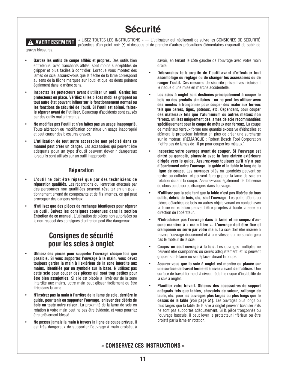 Sécurité, Consignes de sécurité pour les scies à onglet, Réparation | Conservez ces instructions, Avertissement | Bosch 3924-24 User Manual | Page 11 / 92