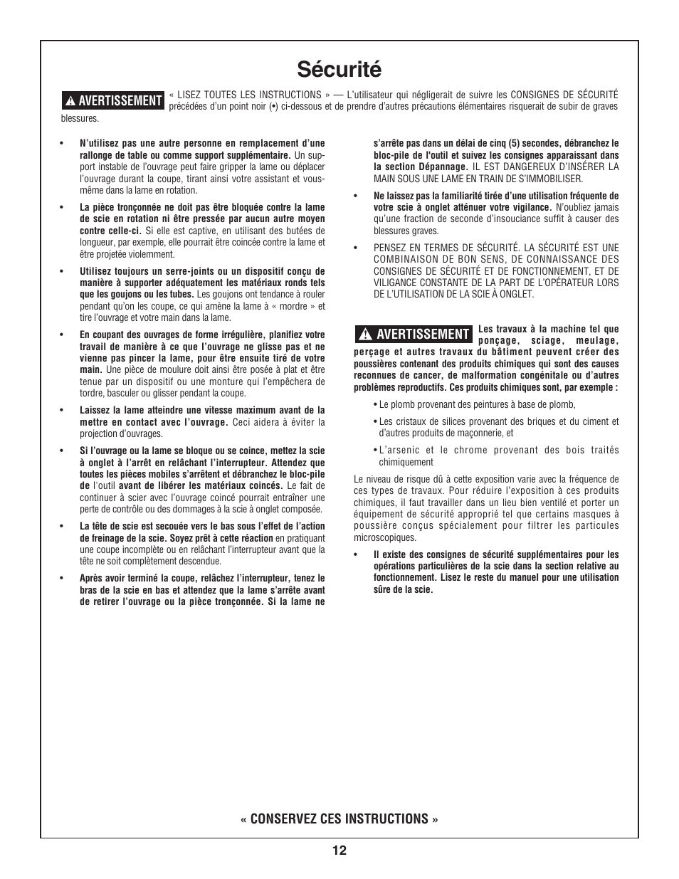 Sécurité, Conservez ces instructions, Avertissement | Bosch 3924-24 User Manual | Page 12 / 92