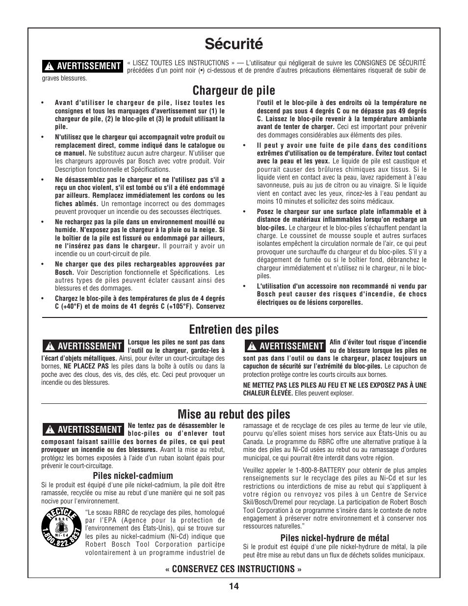 Sécurité, Chargeur de pile entretien des piles, Mise au rebut des piles | Bosch 3924-24 User Manual | Page 14 / 92