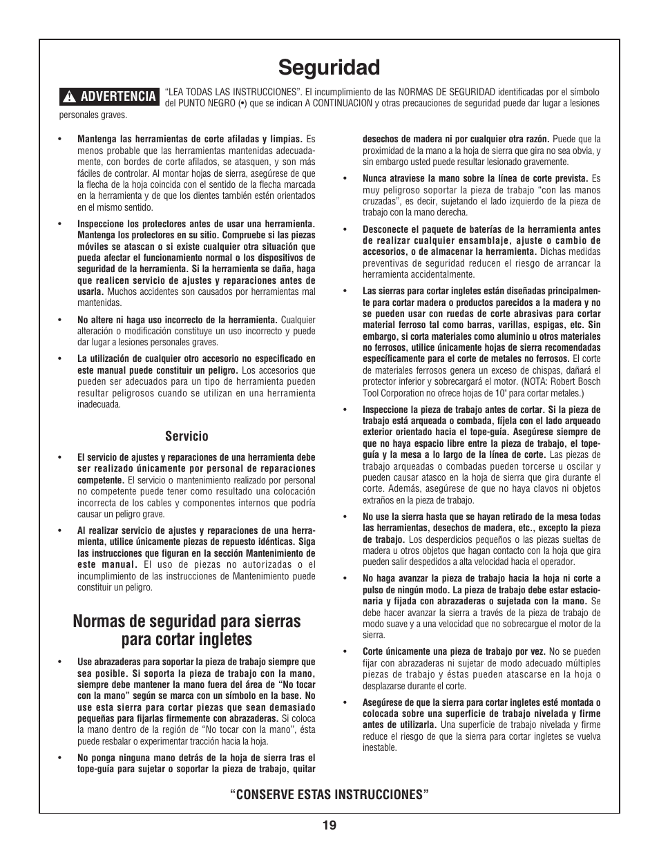 Seguridad, Servicio, Conserve estas instrucciones” advertencia | Bosch 3924-24 User Manual | Page 19 / 92