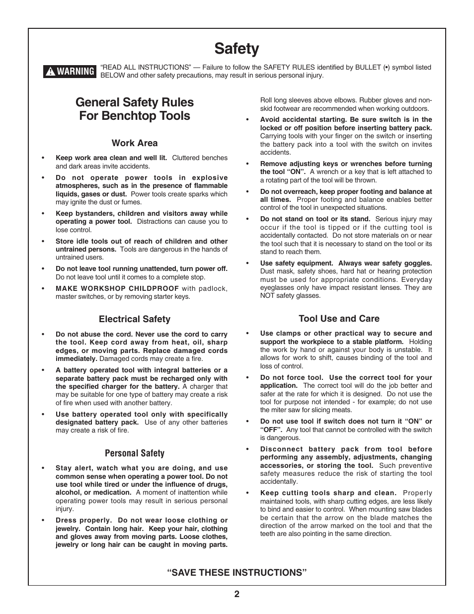 Safety, General safety rules for benchtop tools | Bosch 3924-24 User Manual | Page 2 / 92