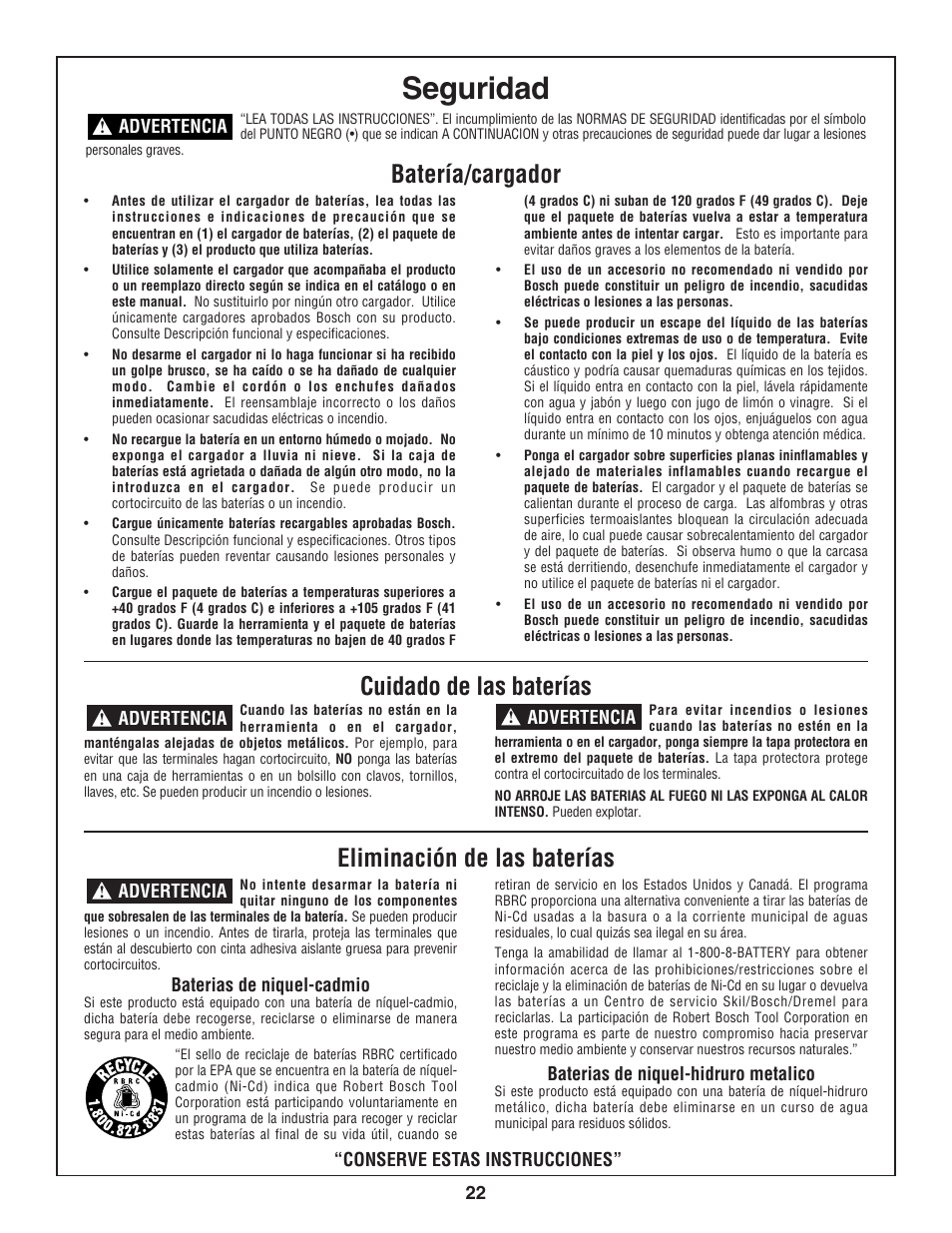 Seguridad, Batería/cargador | Bosch 3924-24 User Manual | Page 22 / 92