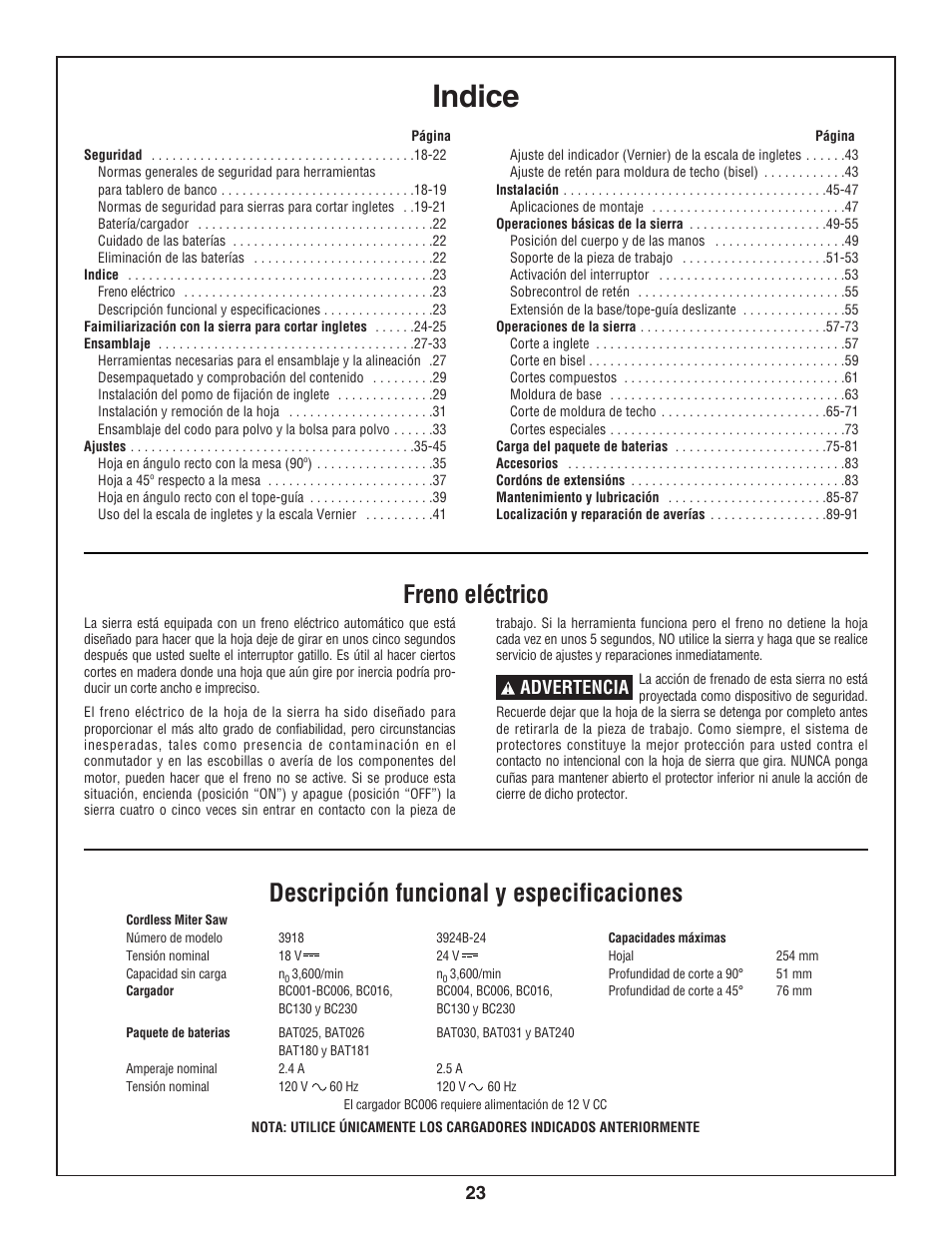Indice, Advertencia | Bosch 3924-24 User Manual | Page 23 / 92