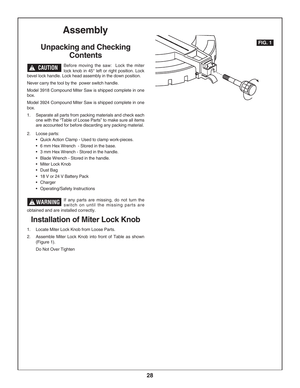 Assembly, Unpacking and checking contents, Installation of miter lock knob | Bosch 3924-24 User Manual | Page 28 / 92