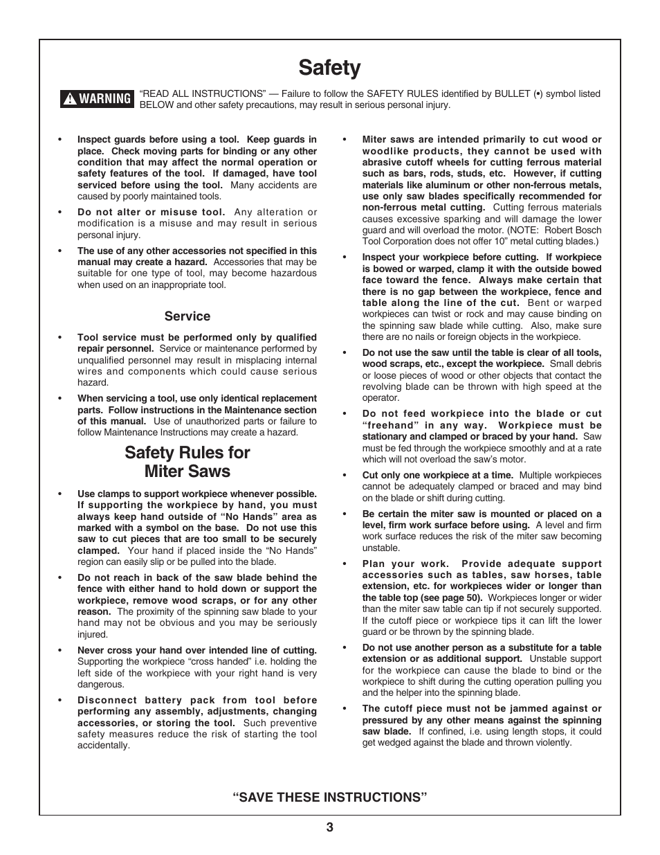 Safety, Safety rules for miter saws | Bosch 3924-24 User Manual | Page 3 / 92