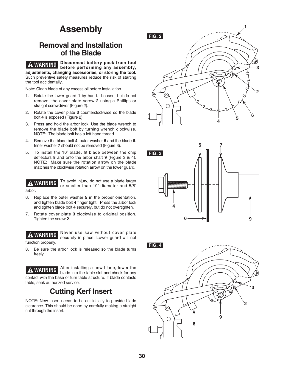 Assembly, Removal and installation of the blade, Cutting kerf insert | Bosch 3924-24 User Manual | Page 30 / 92