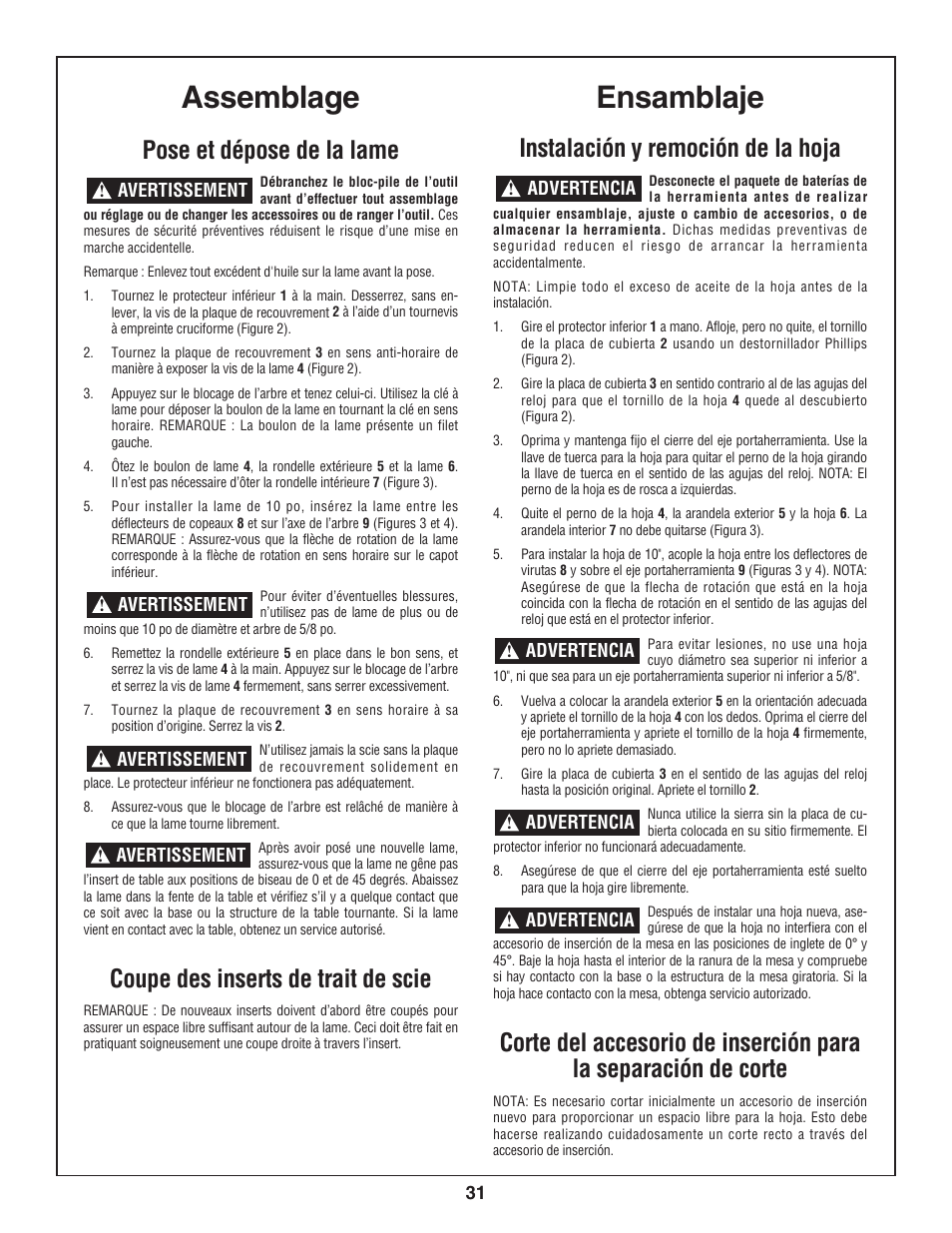 Ensamblaje, Assemblage, Instalación y remoción de la hoja | Pose et dépose de la lame, Coupe des inserts de trait de scie | Bosch 3924-24 User Manual | Page 31 / 92