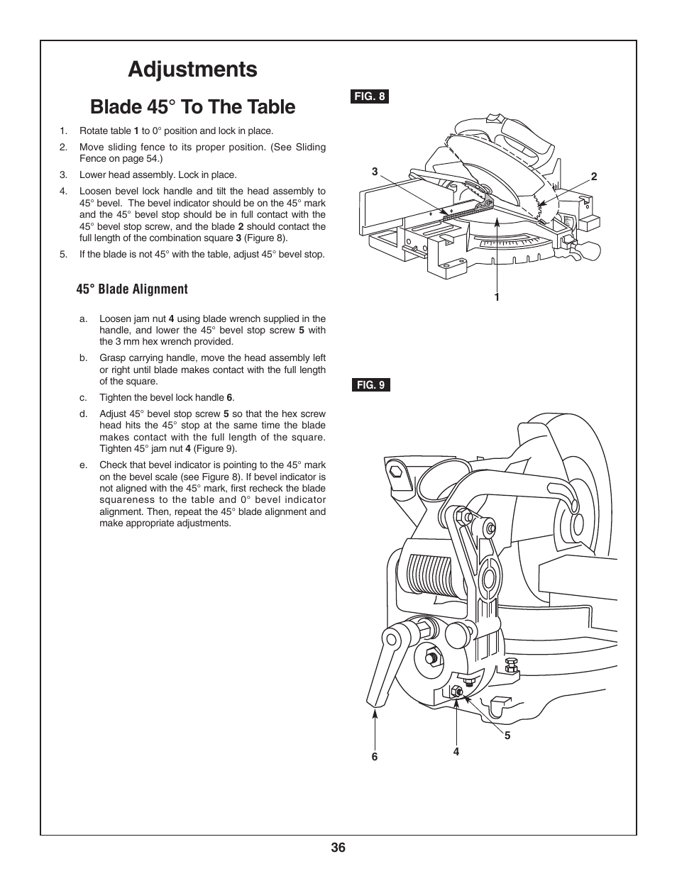 Adjustments, Blade 45° to the table | Bosch 3924-24 User Manual | Page 36 / 92