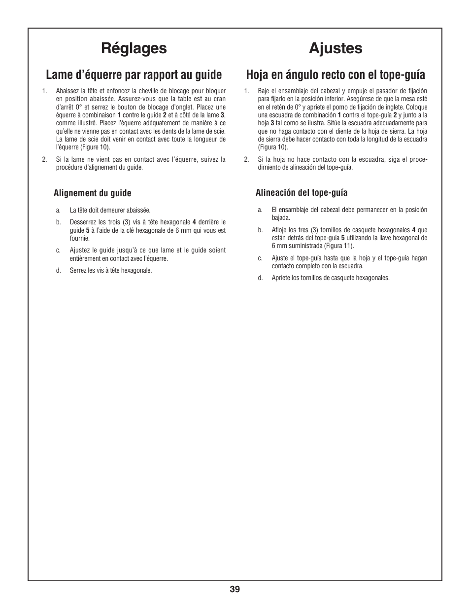 Ajustes, Réglages, Hoja en ángulo recto con el tope-guía | Lame d’équerre par rapport au guide | Bosch 3924-24 User Manual | Page 39 / 92