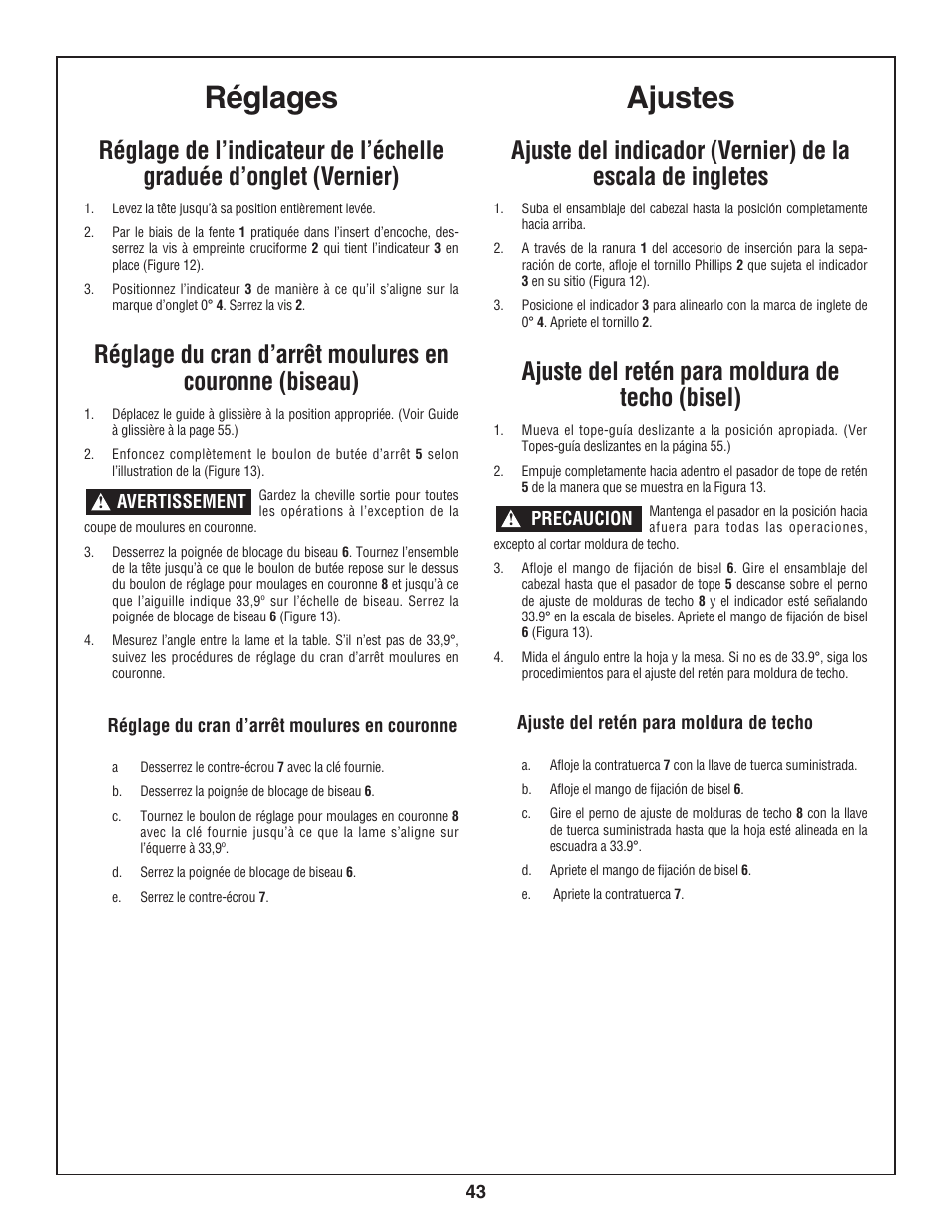 Ajustes, Réglages, Ajuste del retén para moldura de techo (bisel) | Bosch 3924-24 User Manual | Page 43 / 92