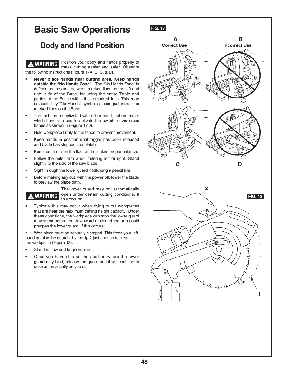 Basic saw operations, Body and hand position | Bosch 3924-24 User Manual | Page 48 / 92