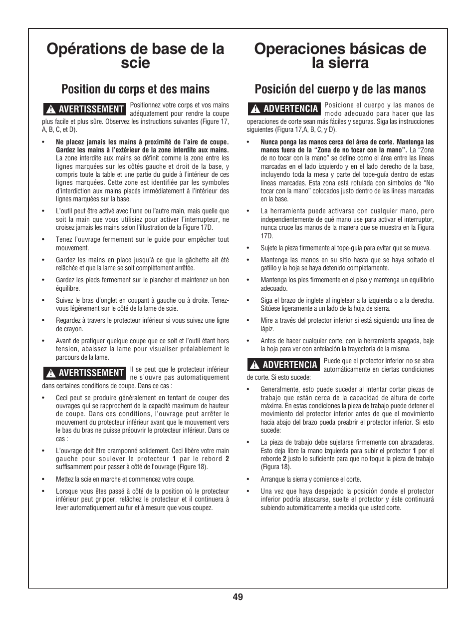 Opérations de base de la scie, Operaciones básicas de la sierra, Position du corps et des mains | Posición del cuerpo y de las manos | Bosch 3924-24 User Manual | Page 49 / 92