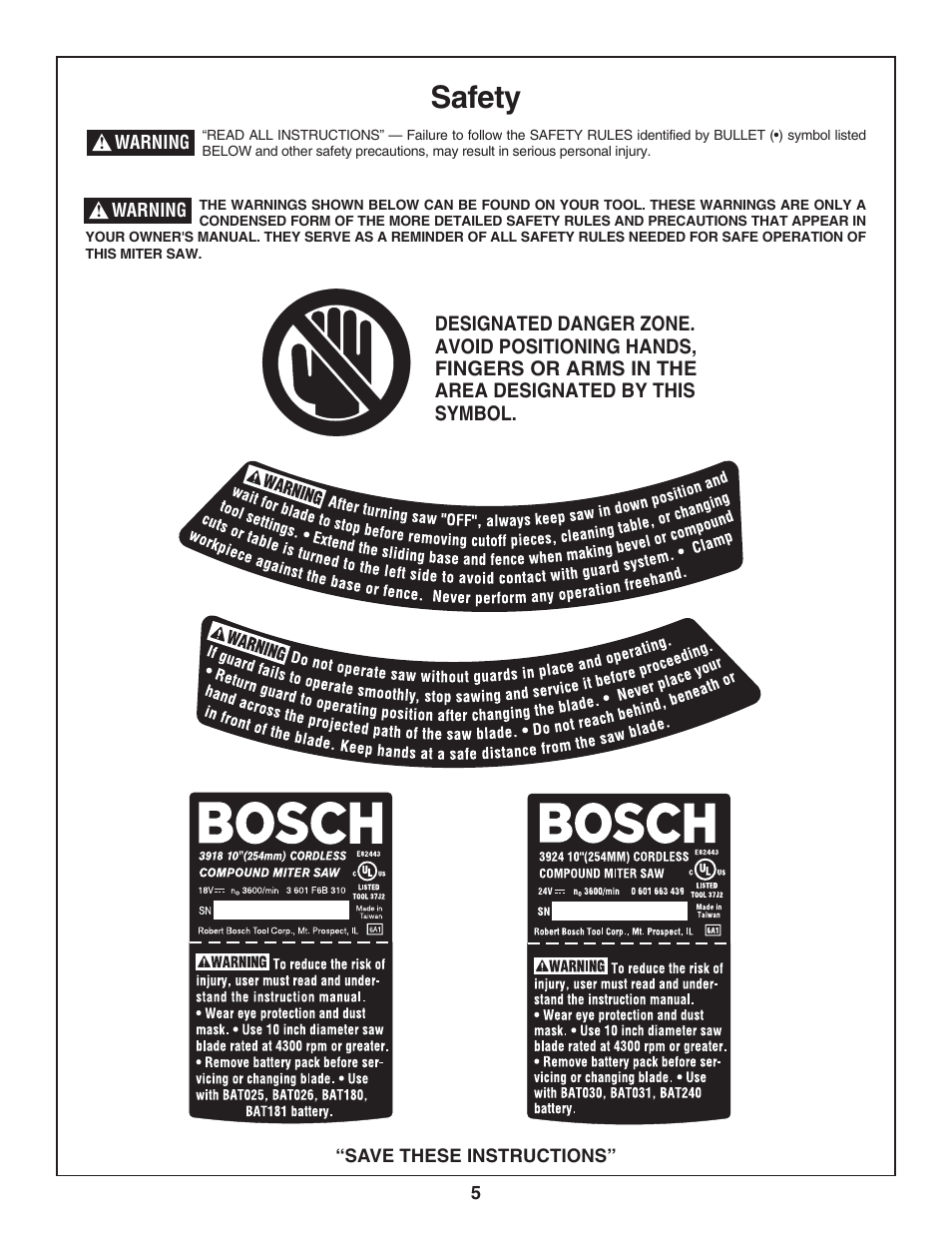 Safety | Bosch 3924-24 User Manual | Page 5 / 92