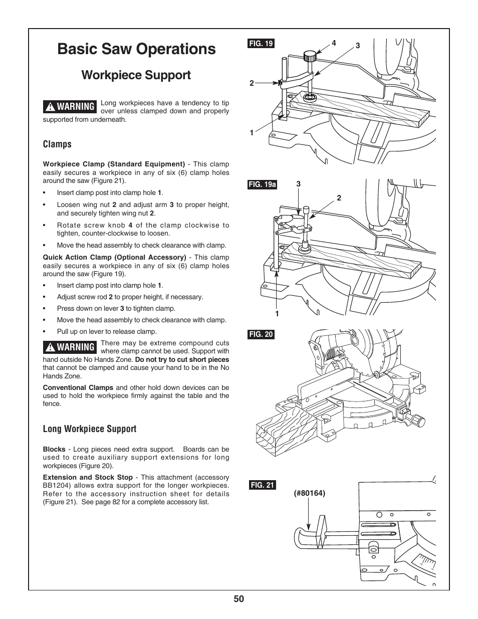 Basic saw operations, Workpiece support | Bosch 3924-24 User Manual | Page 50 / 92