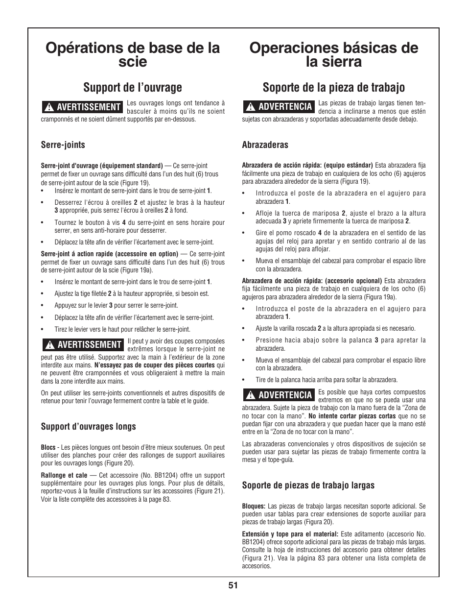 Opérations de base de la scie, Operaciones básicas de la sierra, Support de l’ouvrage | Soporte de la pieza de trabajo | Bosch 3924-24 User Manual | Page 51 / 92