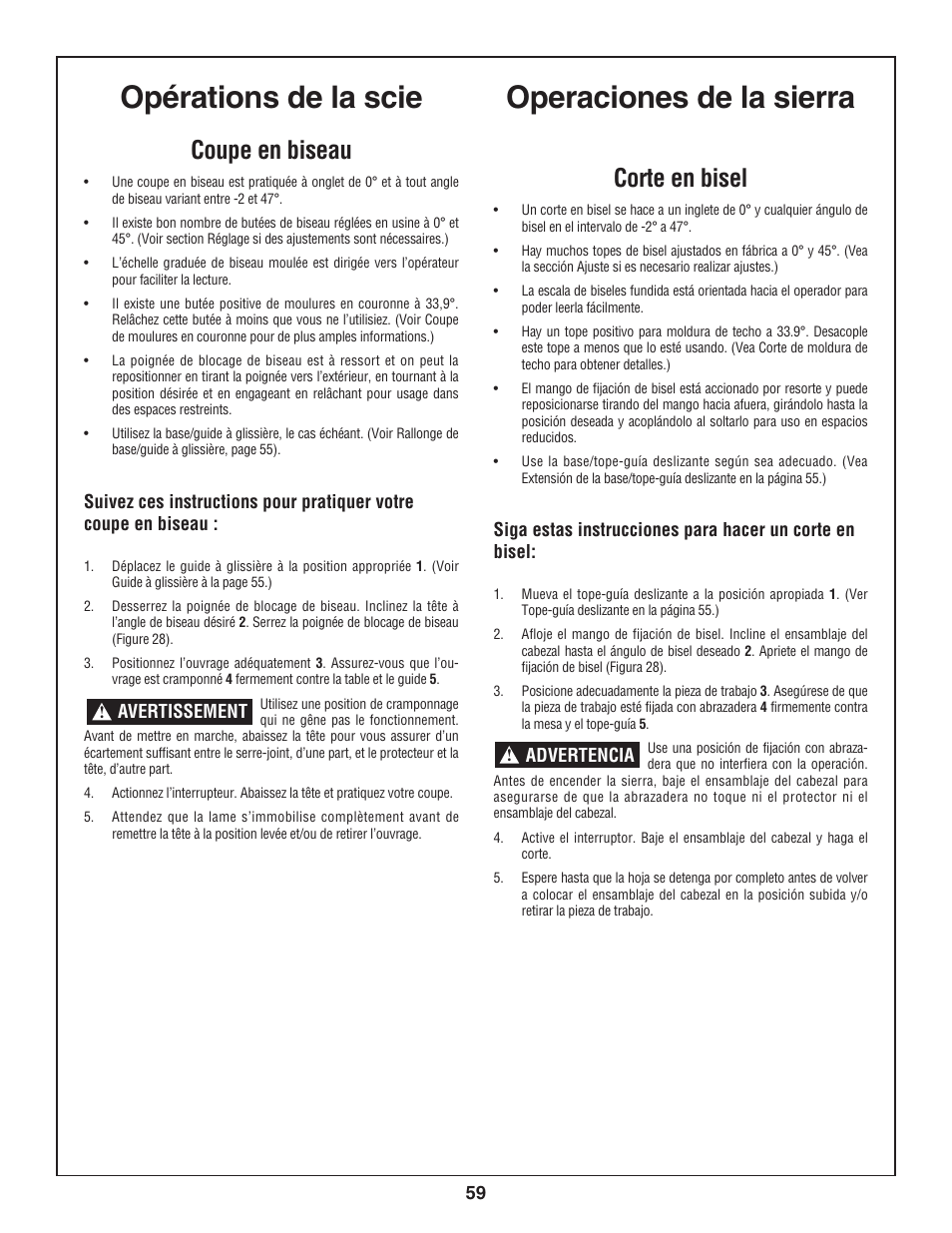 Operaciones de la sierra opérations de la scie, Coupe en biseau, Corte en bisel | Bosch 3924-24 User Manual | Page 59 / 92