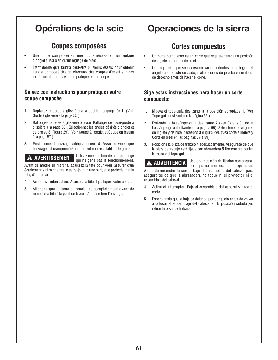 Opérations de la scie, Operaciones de la sierra, Coupes composées | Cortes compuestos | Bosch 3924-24 User Manual | Page 61 / 92